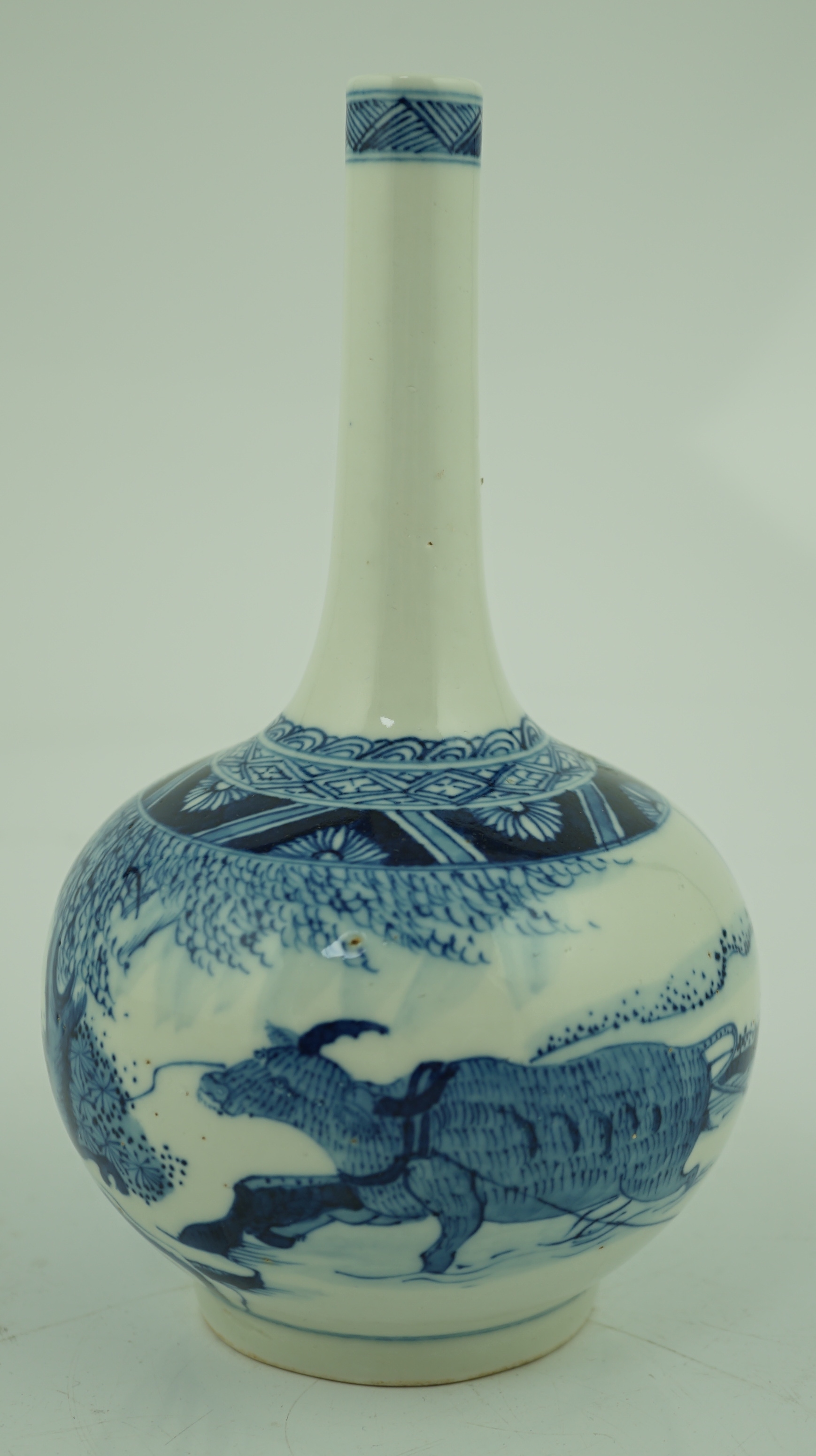 A Chinese blue and white 'ox and plough' bottle vase, late 19th century